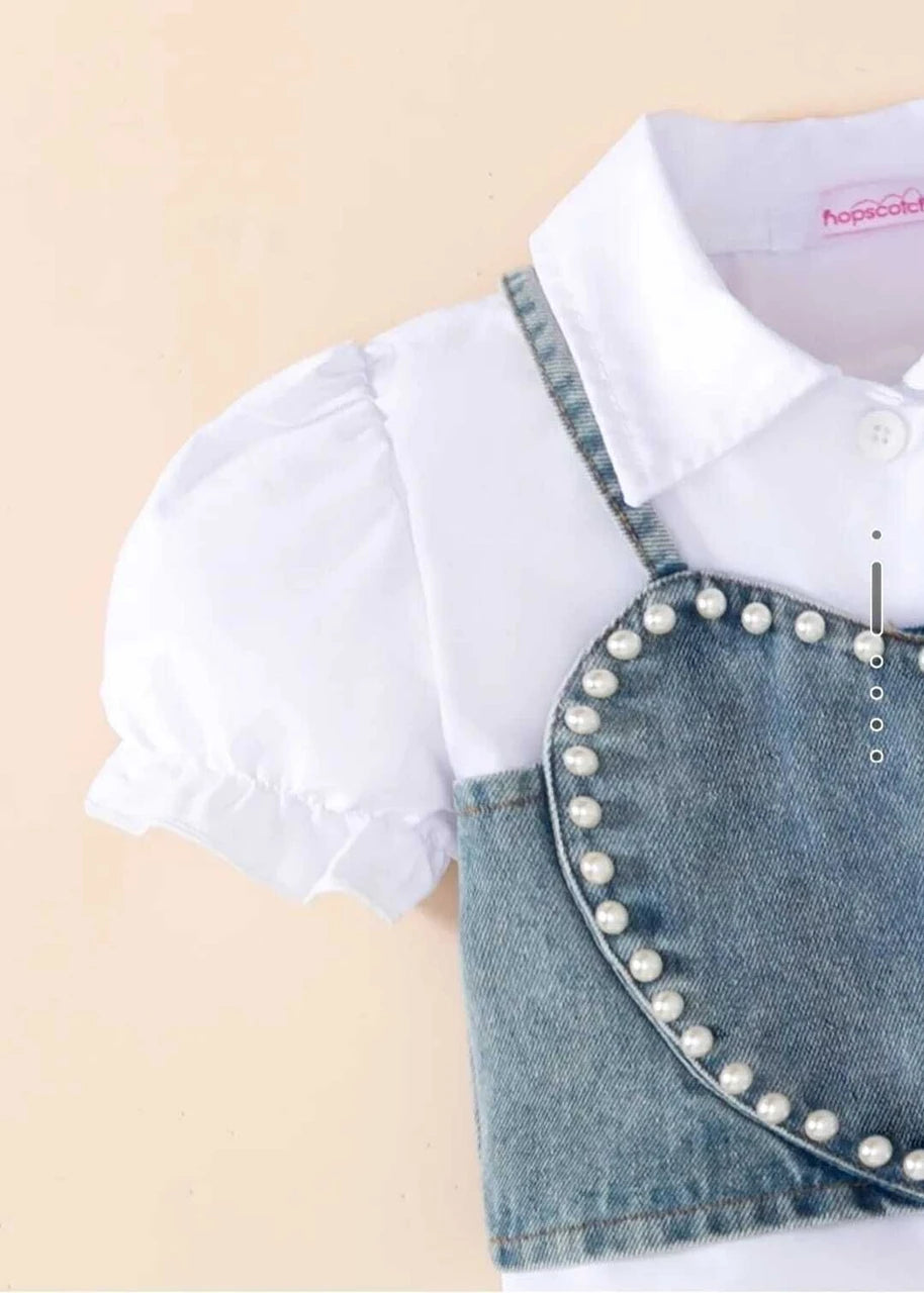 I Naina Dresses Girls Casual Top Skirt (White & Blue Heart)