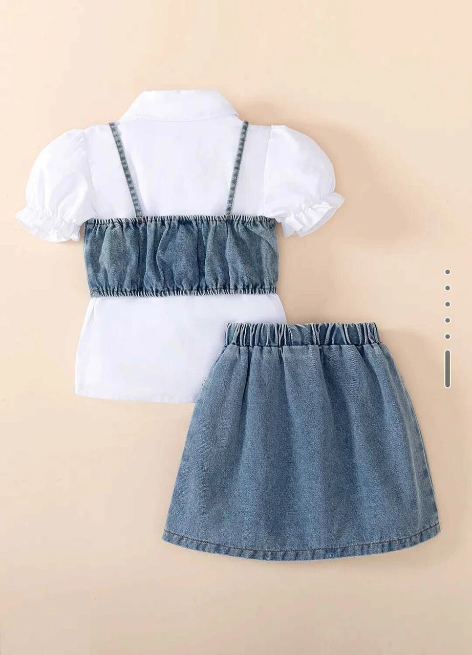 I Naina Dresses Girls Casual Top Skirt (White & Blue Heart)