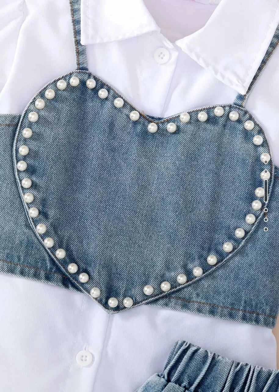 I Naina Dresses Girls Casual Top Skirt (White & Blue Heart)