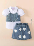 I Naina Dresses Girls Casual Top Skirt (White & Blue Heart)