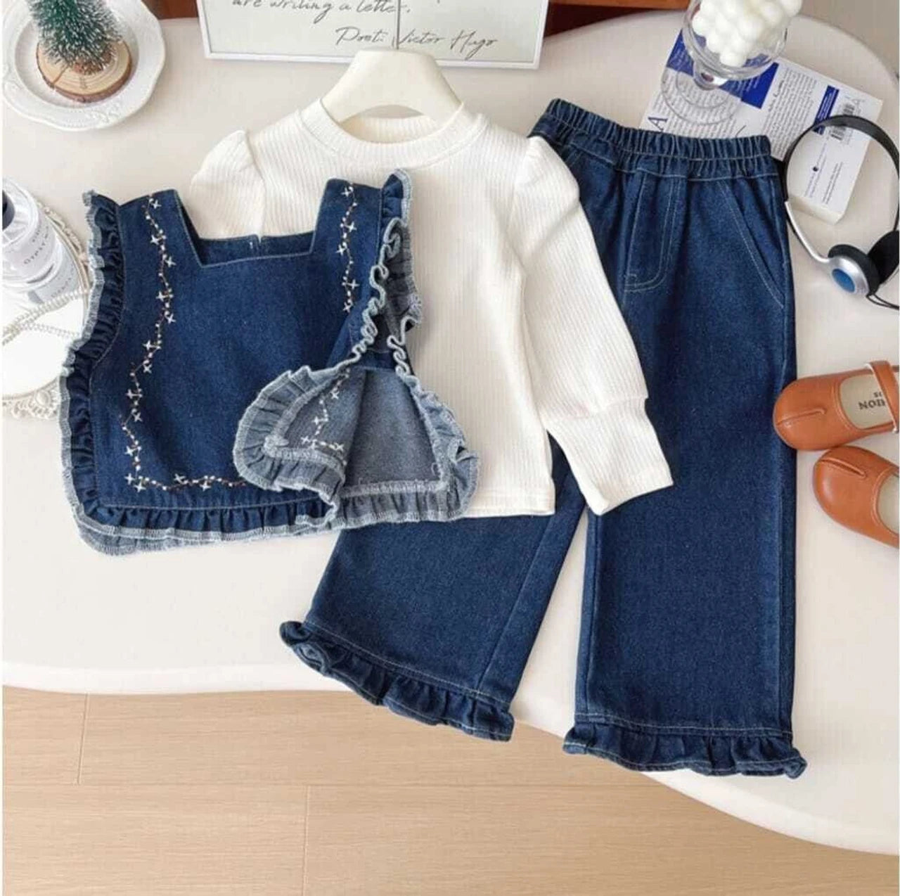 I Naina Dresses Girls Party(Festive) Jacket T-shirt, Jeans (Blue & White1)