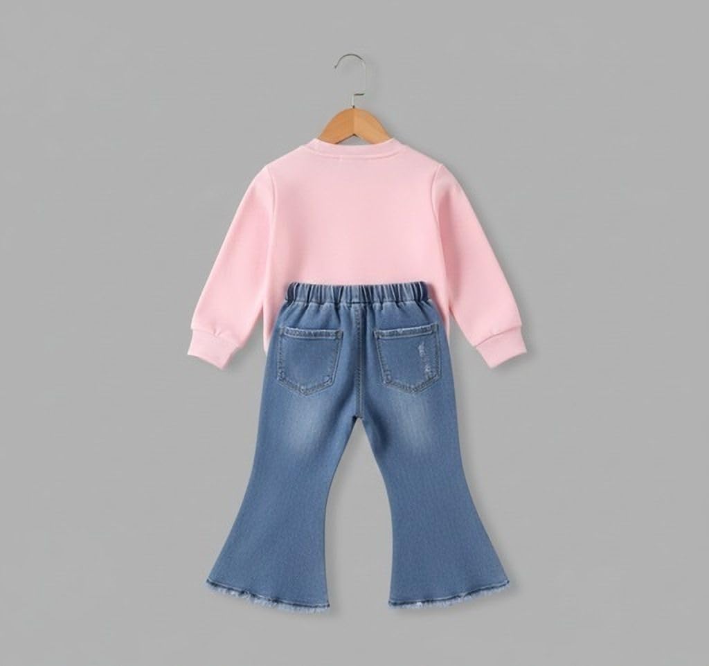 Girls Floral Applique Full Sleeve Top & Distressed Flare Jeans Set
