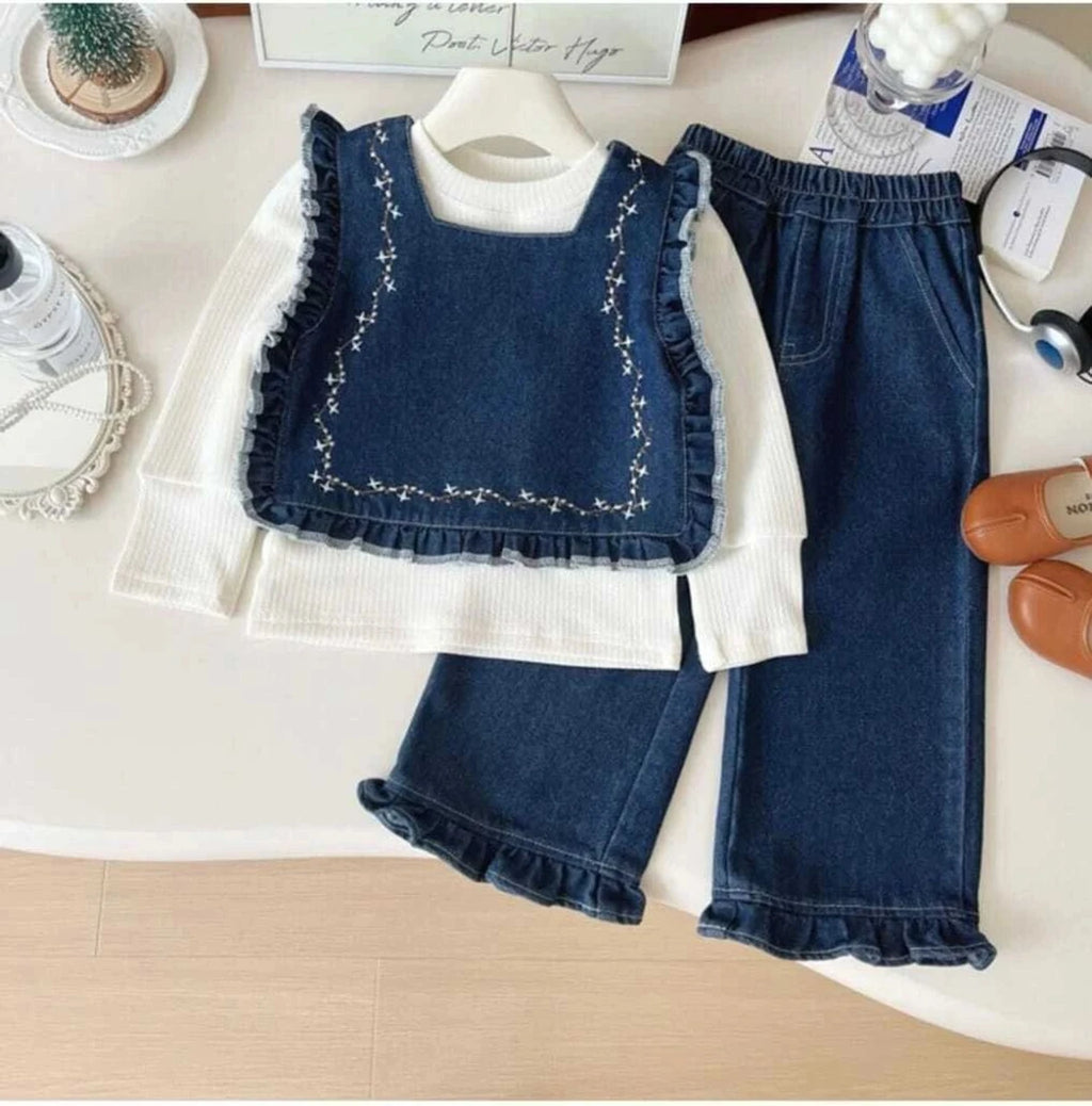 I Naina Dresses Girls Party(Festive) Jacket T-shirt, Jeans (Blue & White1)