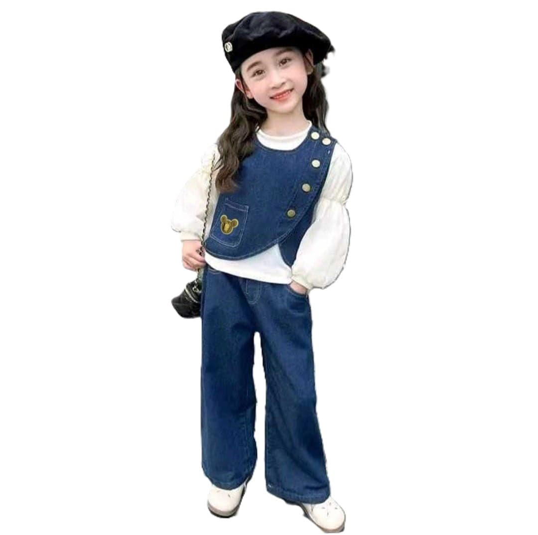 Girls Denim Jacket Set: White Top, Wide-Leg Jeans, Asymmetric Button Jacket | Bear Embroidery, Wide Leg Pants, Button Detail, Kids Wear, Denim Jacket