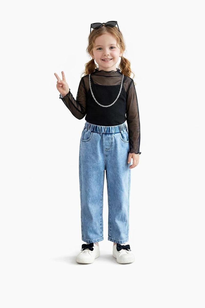 Girls Black Mesh Mock-Neck Top with High-Waist Relaxed-Fit Denim Trousers, Two-Piece Set