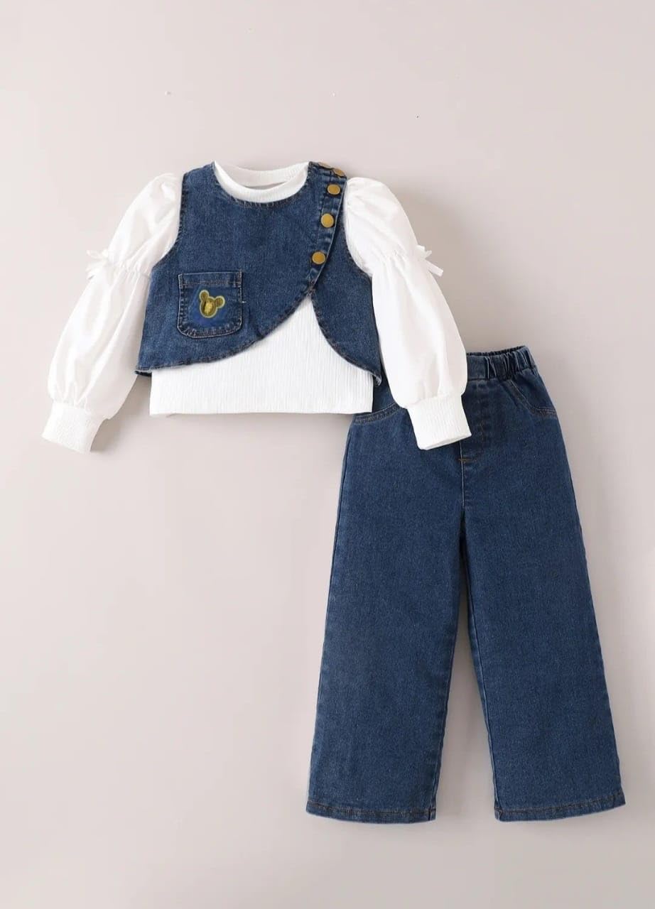 Girls Denim Jacket Set: White Top, Wide-Leg Jeans, Asymmetric Button Jacket | Bear Embroidery, Wide Leg Pants, Button Detail, Kids Wear, Denim Jacket