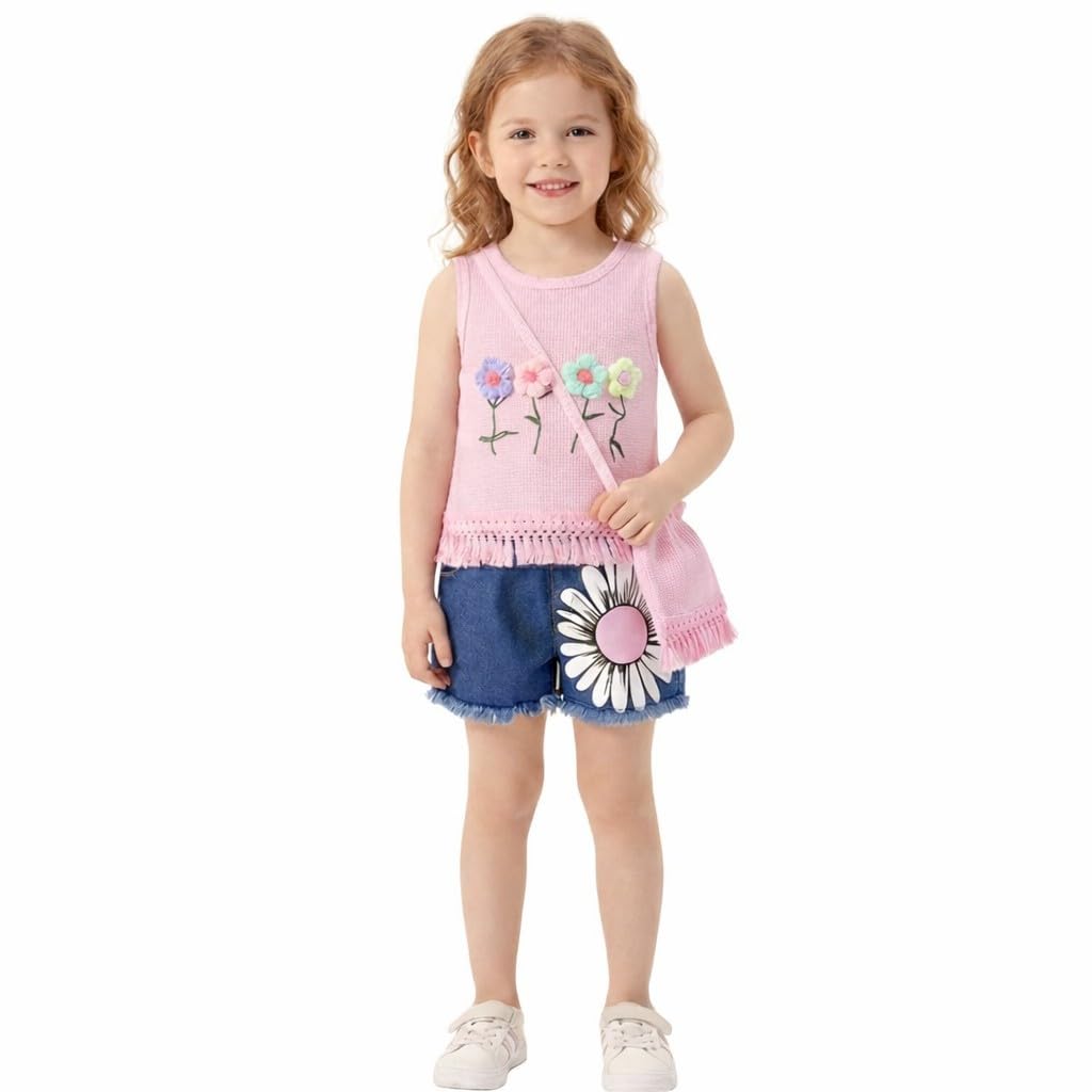 Girls' Floral Knit Tank Top and Denim Short Set with Matching Bag