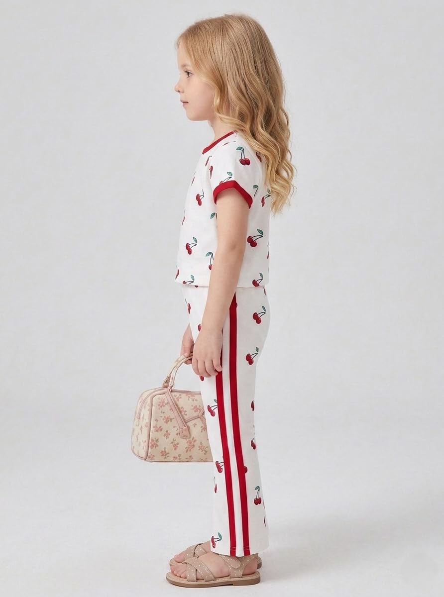 Girls Cherry Print 2-Piece Outfit, Short Sleeve Top and Flared Trousers