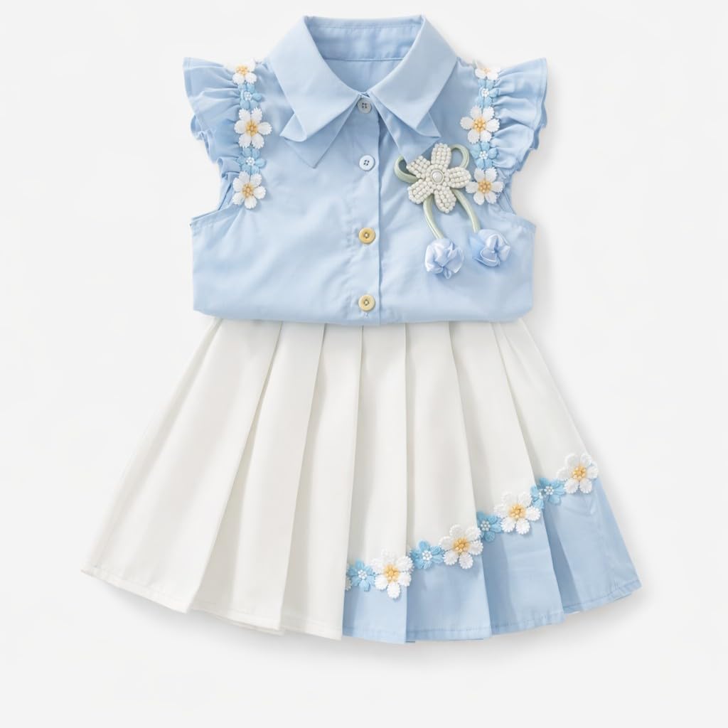 Girls Blue Floral Embroidered Top & White Pleated Skirt Set for Parties
