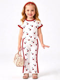 Girls Cherry Print 2-Piece Outfit, Short Sleeve Top and Flared Trousers