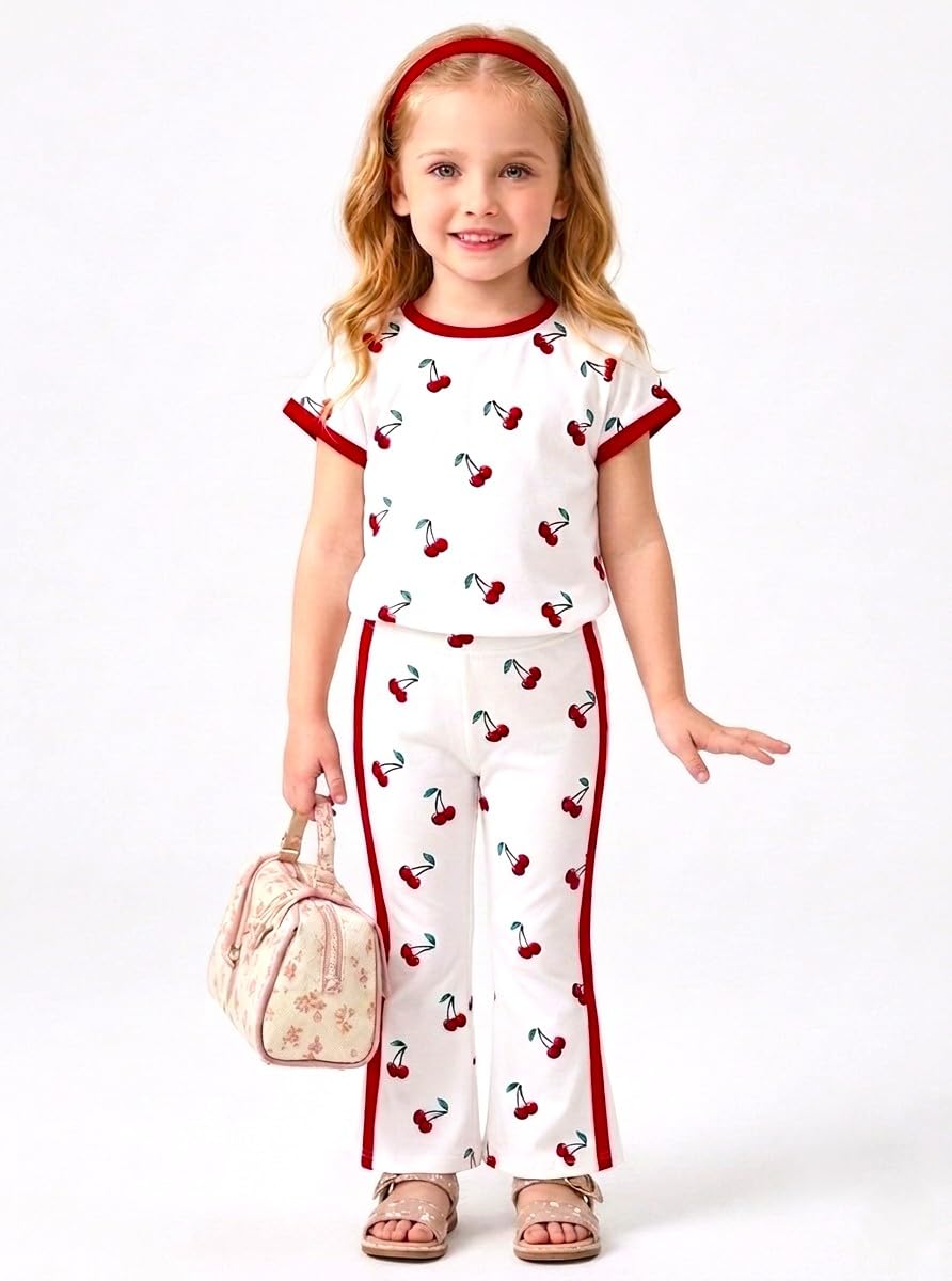 Girls Cherry Print 2-Piece Outfit, Short Sleeve Top and Flared Trousers