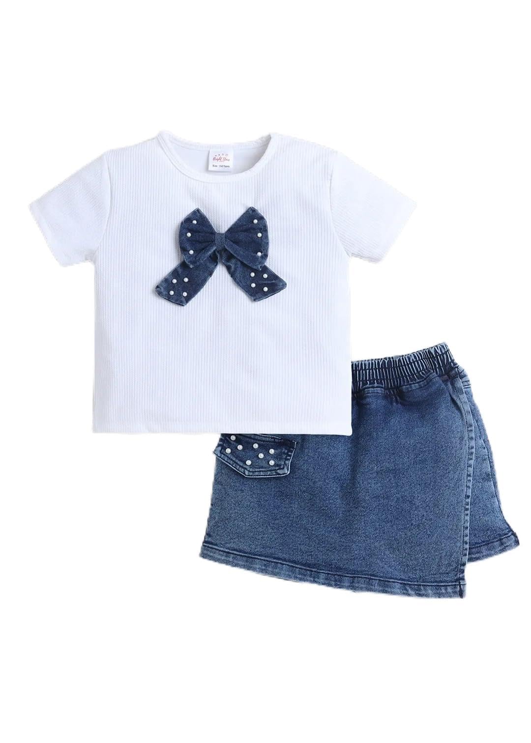 Girls Denim Bow T-Shirt & Skirt Set, 2pc