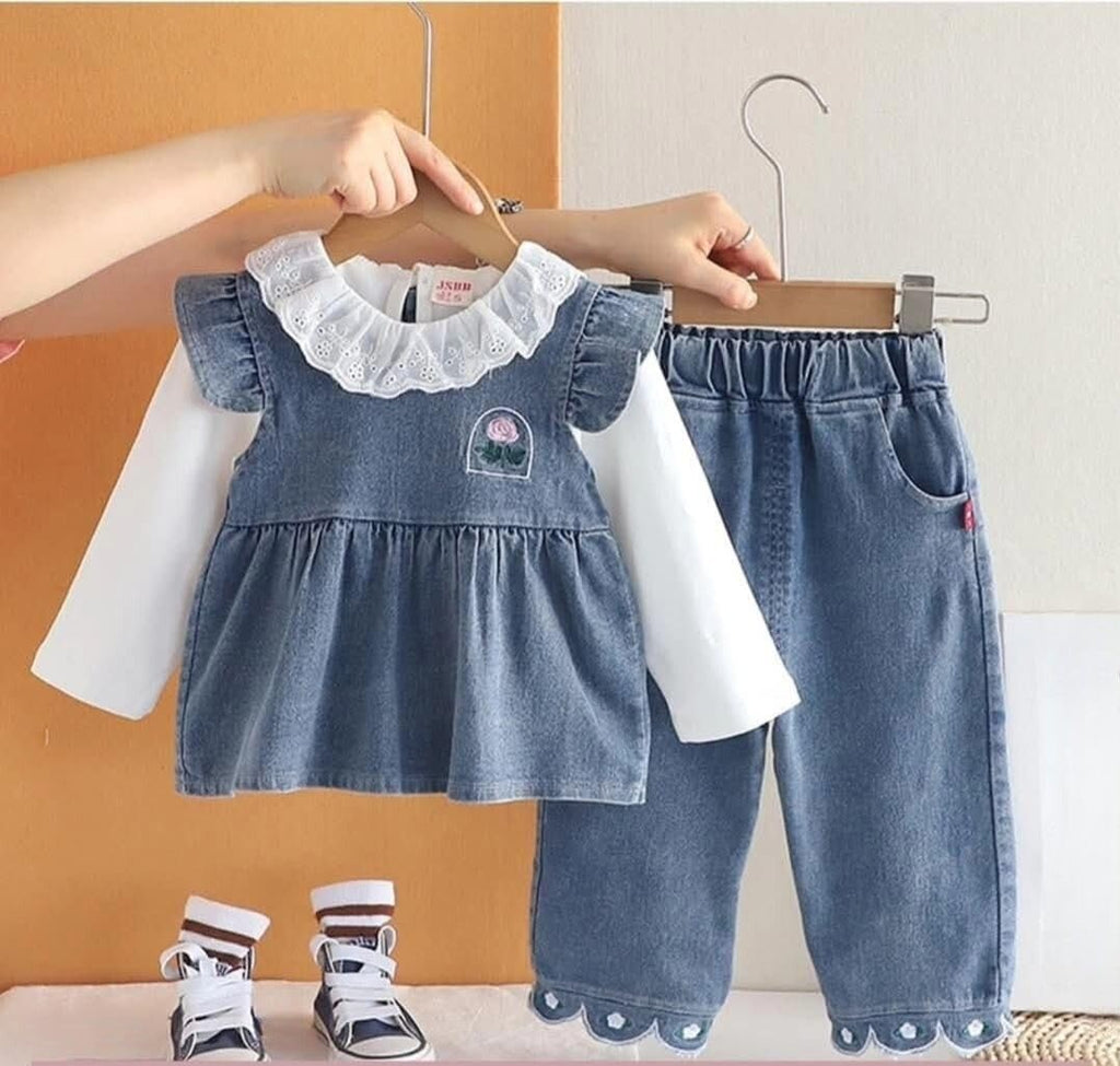 Girls Denim frock top with Lace Collar, Flutter Sleeves, Rose Embroidery, Paired with Jeans