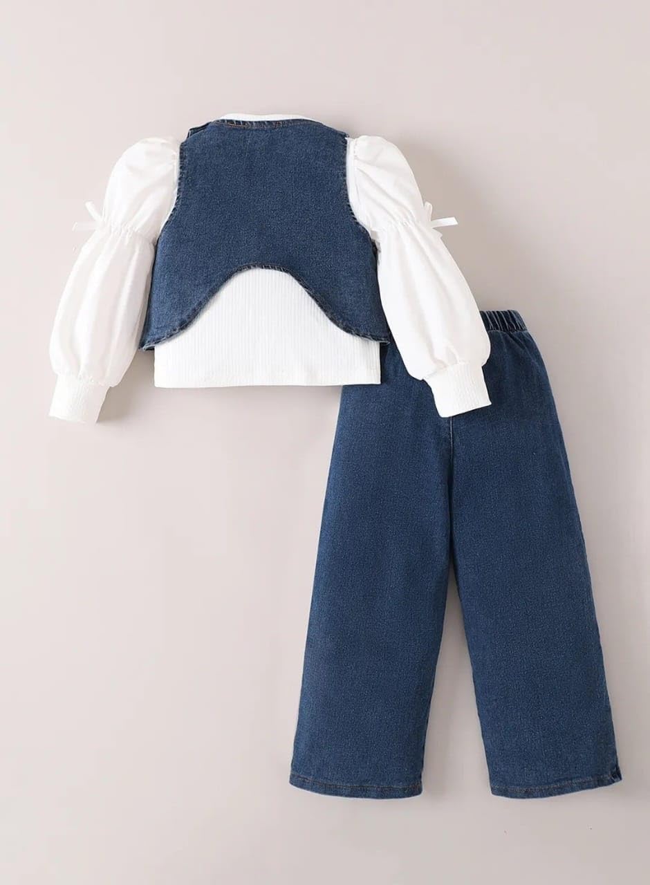 Girls Denim Jacket Set: White Top, Wide-Leg Jeans, Asymmetric Button Jacket | Bear Embroidery, Wide Leg Pants, Button Detail, Kids Wear, Denim Jacket