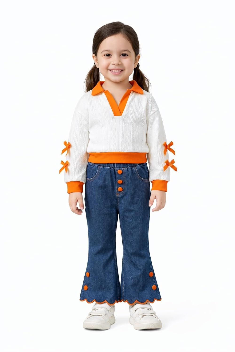 Girls Knit full sleeves Top with Bows & Flared Denim Pants Set