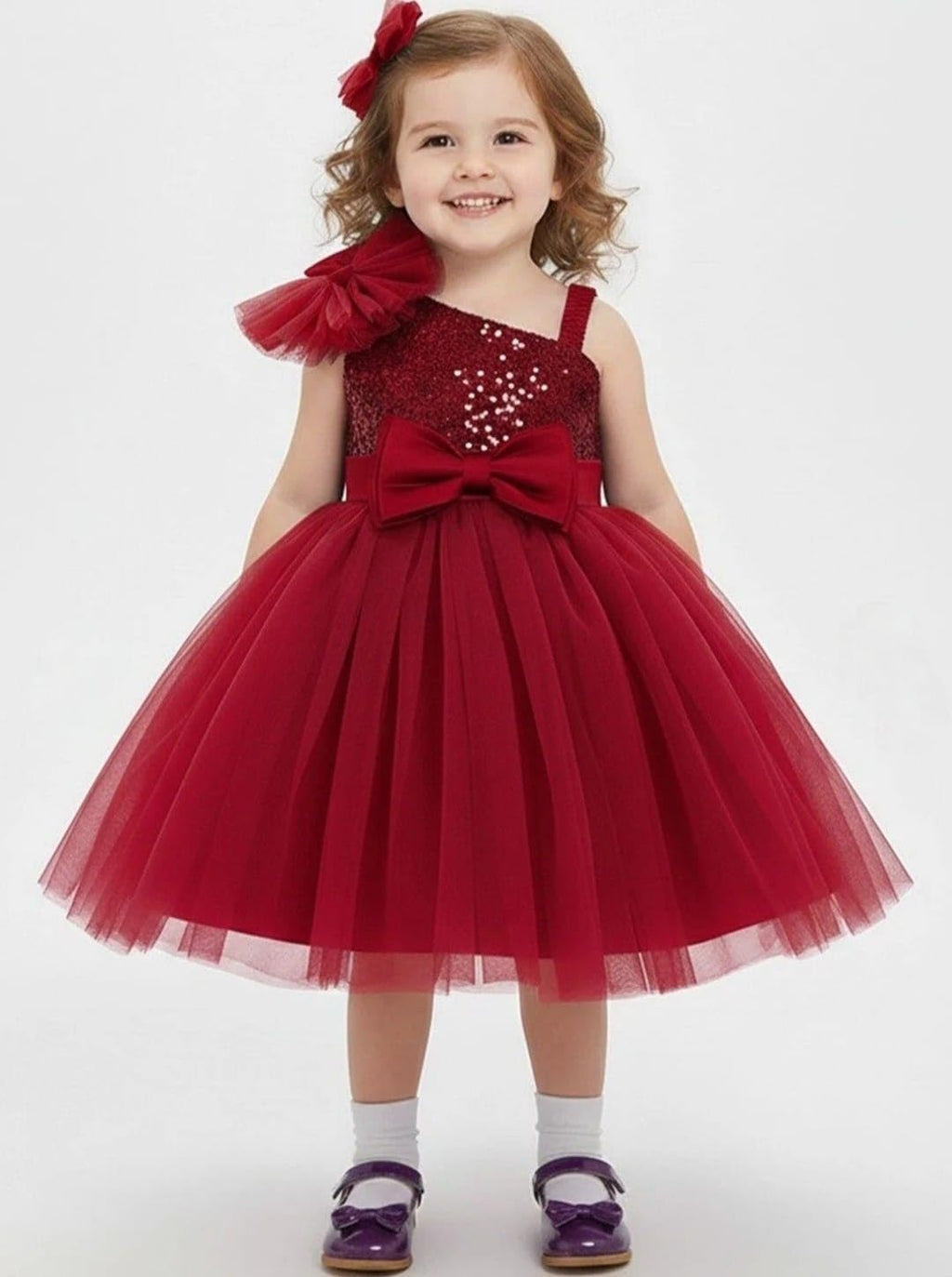 Girls Red Sequin Tulle Party Dress with Bow