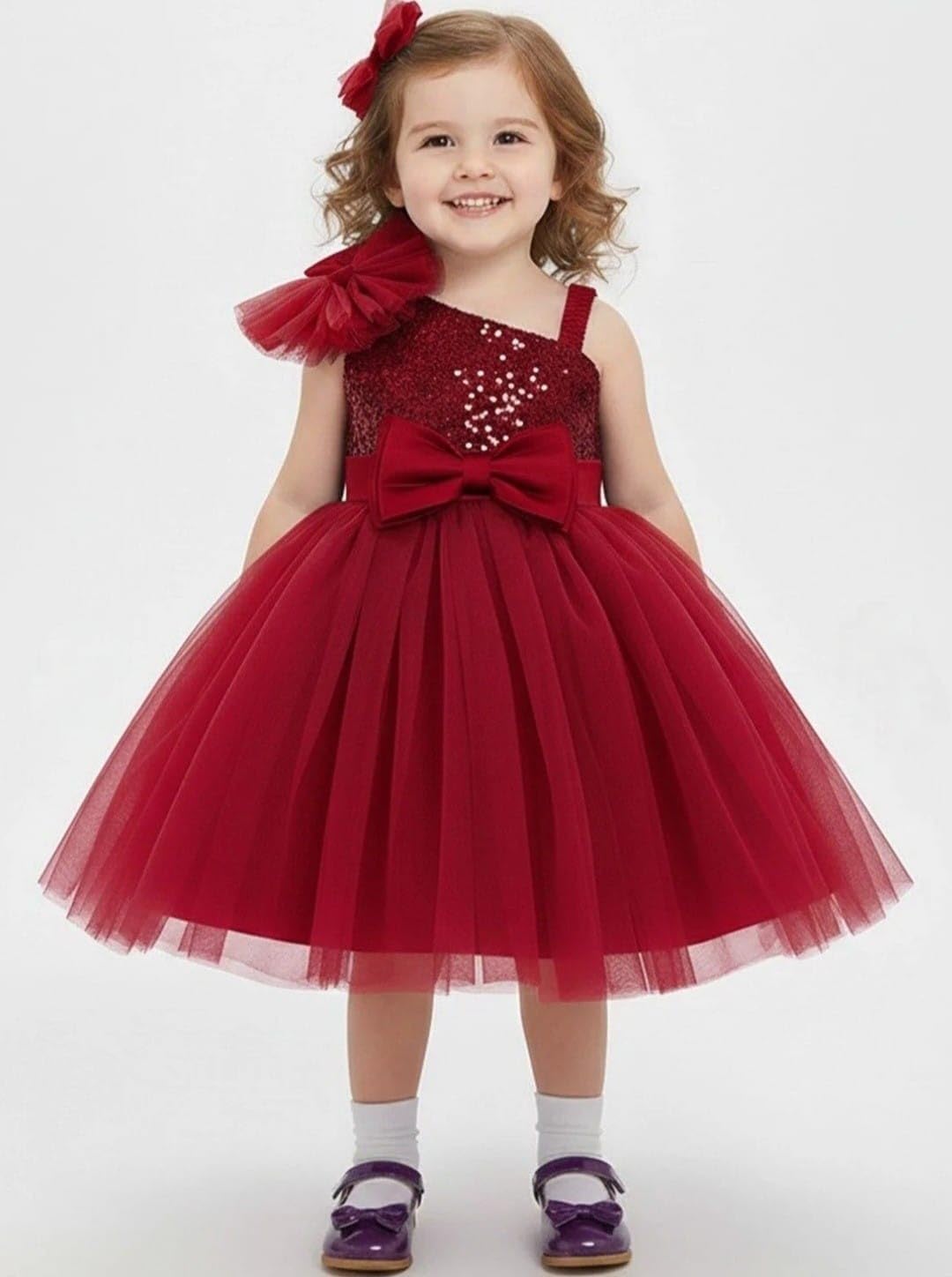 Girls Red Sequin Tulle Party Dress with Bow
