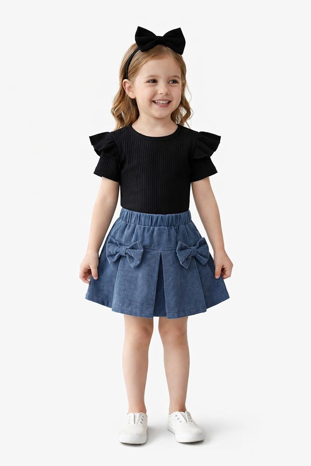 Soft Pleated Skater Skirt with Bow Detail and Black Butterfly Top