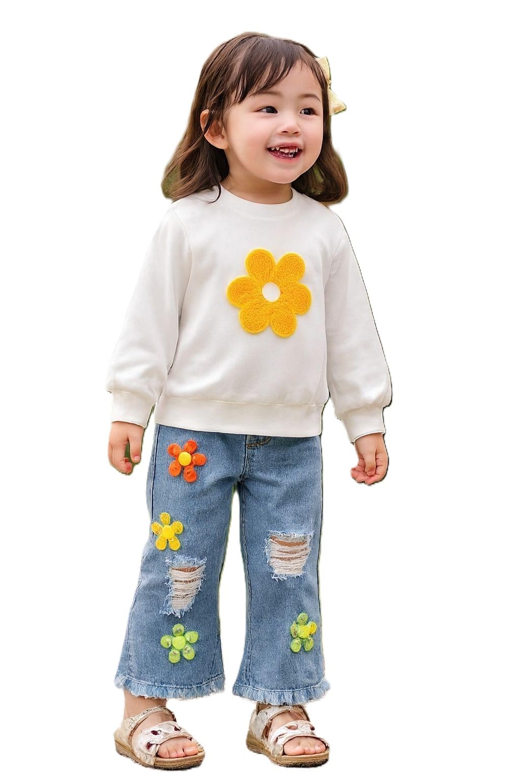 Girls Floral Applique Full Sleeve Top & Distressed Flare Jeans Set