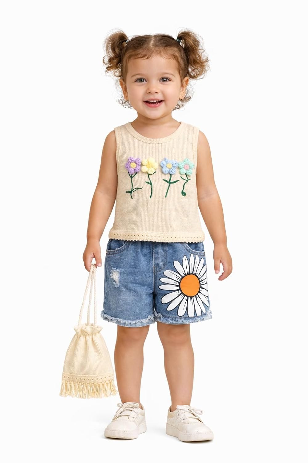 A toddler girl with curly hair in pigtails stands against a white background, wearing a cream sleeveless top with embroidered flowers and blue denim shorts with a daisy patch. She is holding a small cream fringed drawstring bag.