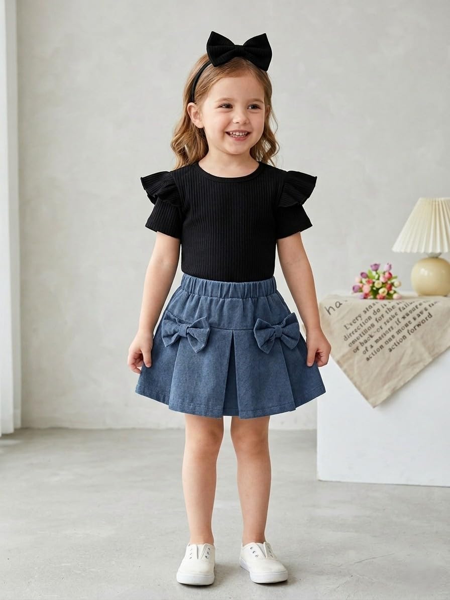 Soft Pleated Skater Skirt with Bow Detail and Black Butterfly Top