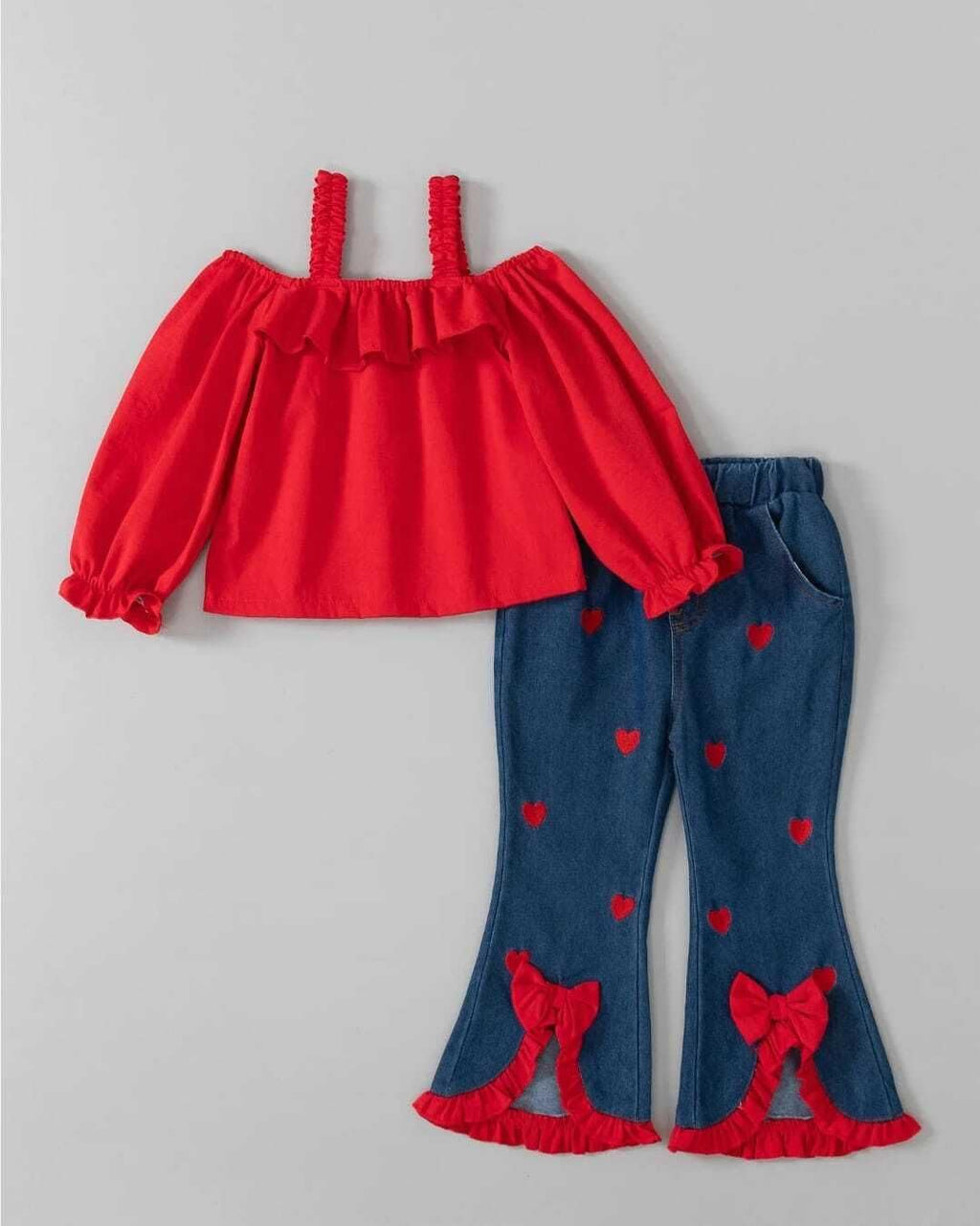 Girls Red Off-Shoulder Top with Denim Pants, Heart & Bow Detail Set