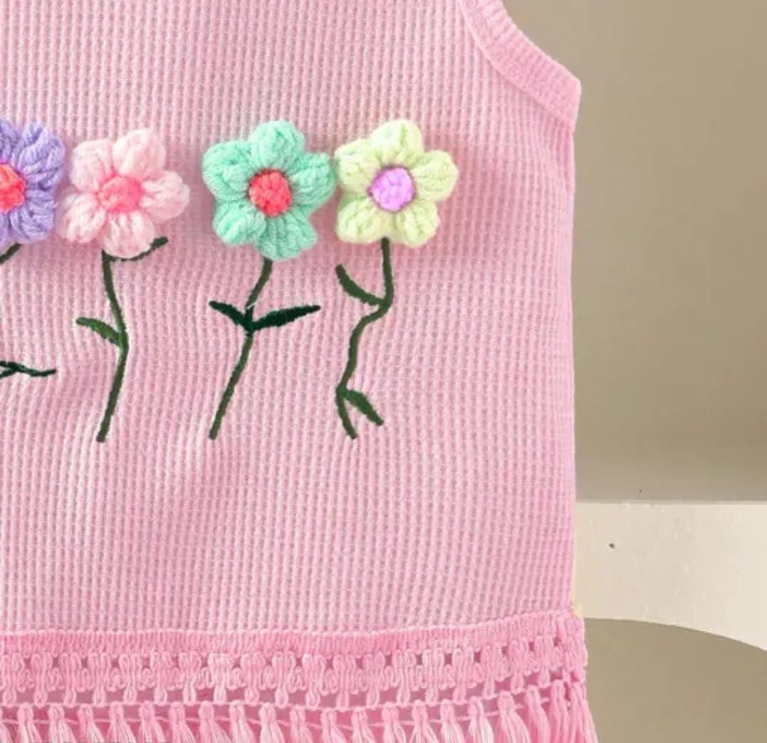 Girls' Floral Knit Tank Top and Denim Short Set with Matching Bag