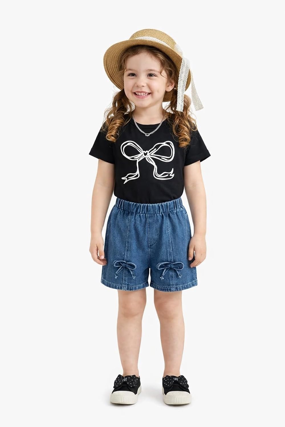 Girls Bow Print Black T-Shirt and Denim Shorts Set