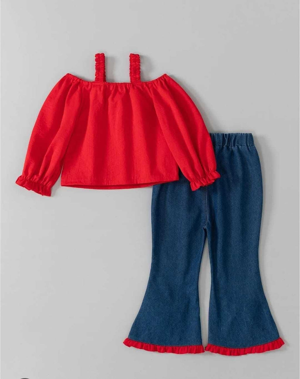 Girls Red Off-Shoulder Top with Denim Pants, Heart & Bow Detail Set