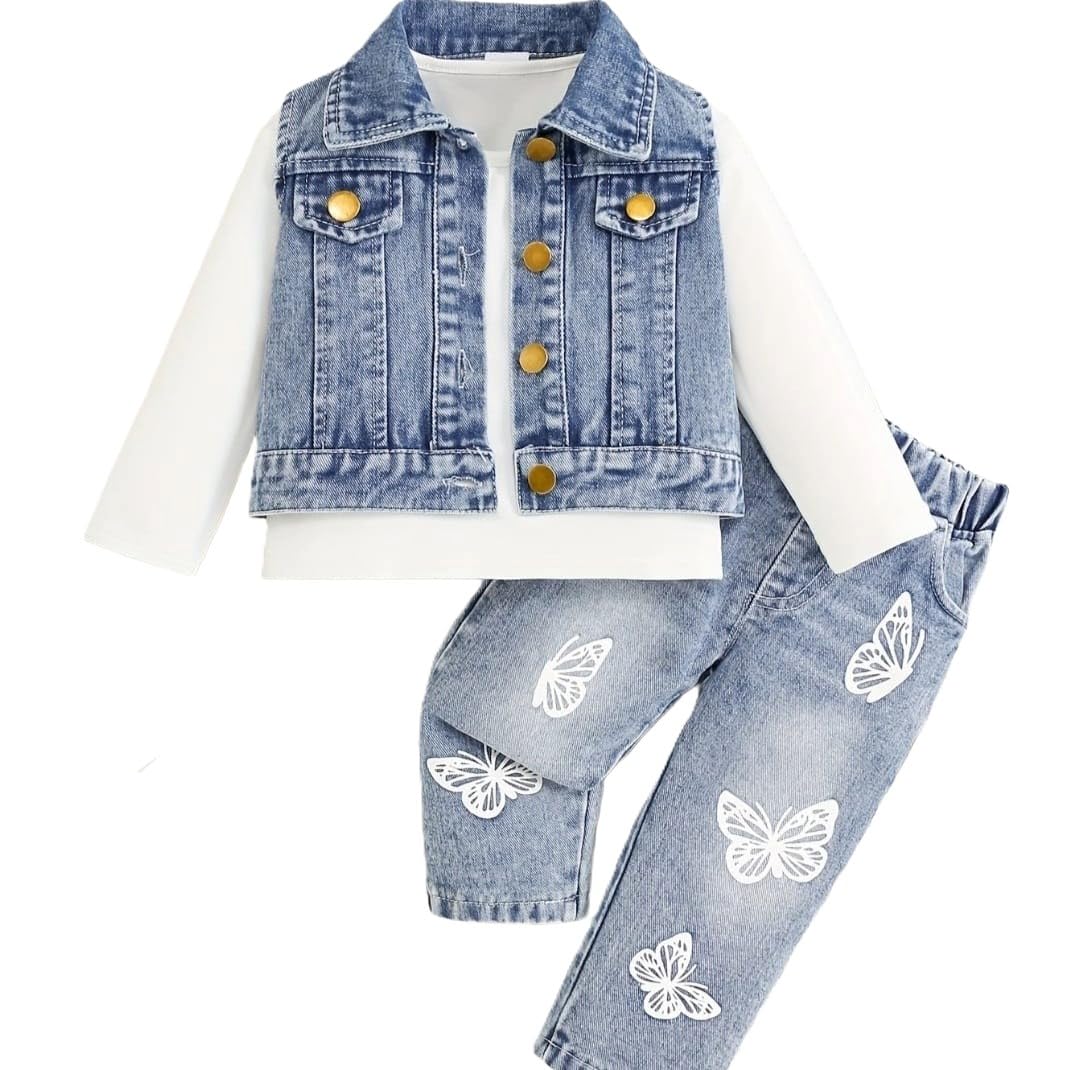 Girls 3Pc Outfit Set: Denim Vest Jacket, White Top, Butterfly Printed Jeans