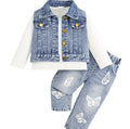 Girls 3Pc Outfit Set: Denim Vest Jacket, White Top, Butterfly Printed Jeans