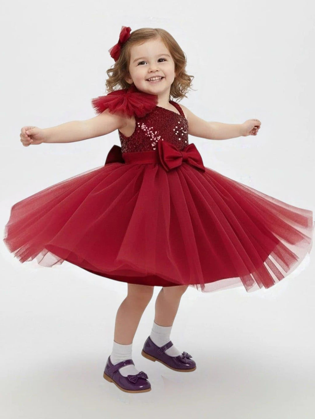 Girls Red Sequin Tulle Party Dress with Bow