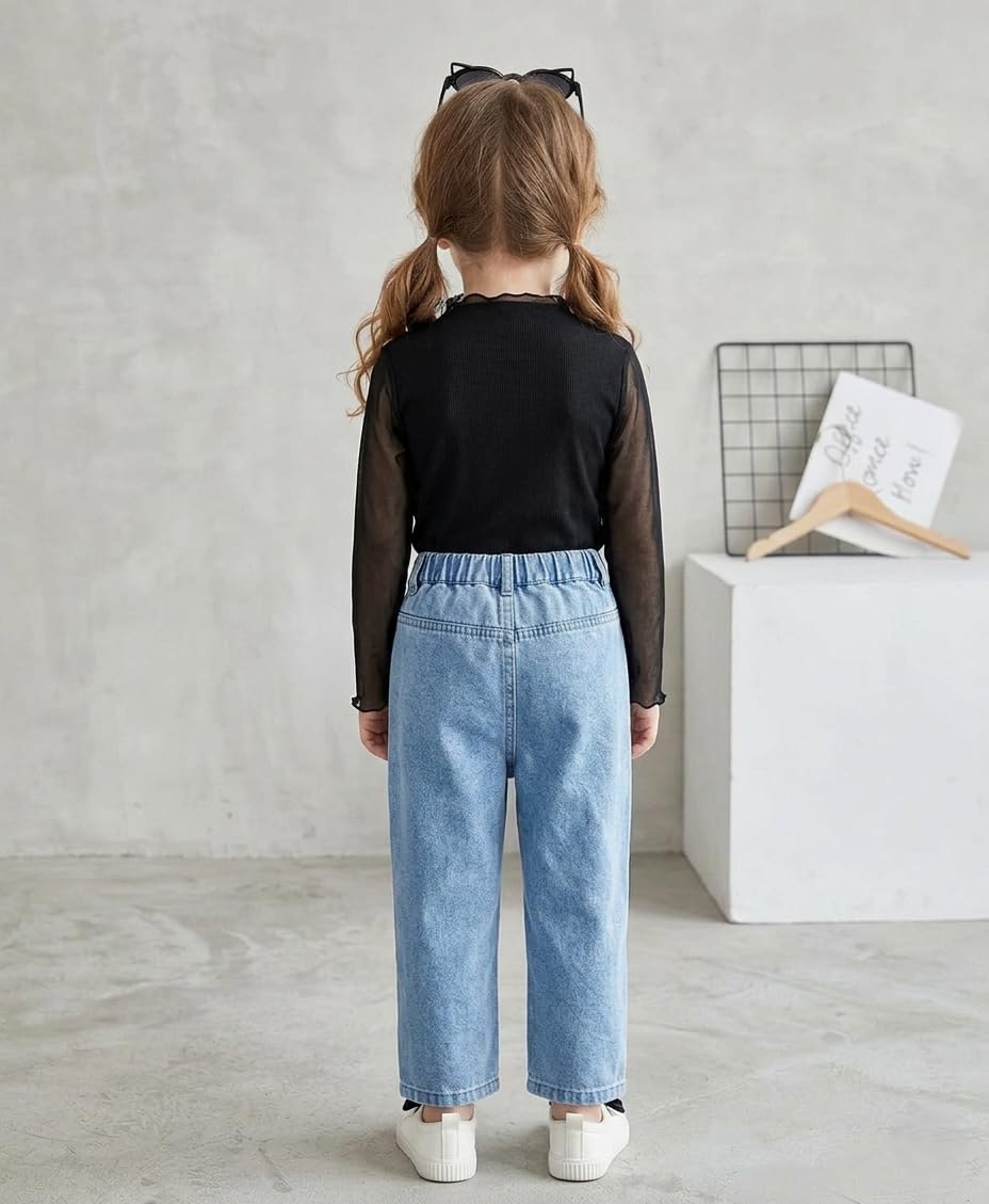 Girls Black Mesh Mock-Neck Top with High-Waist Relaxed-Fit Denim Trousers, Two-Piece Set