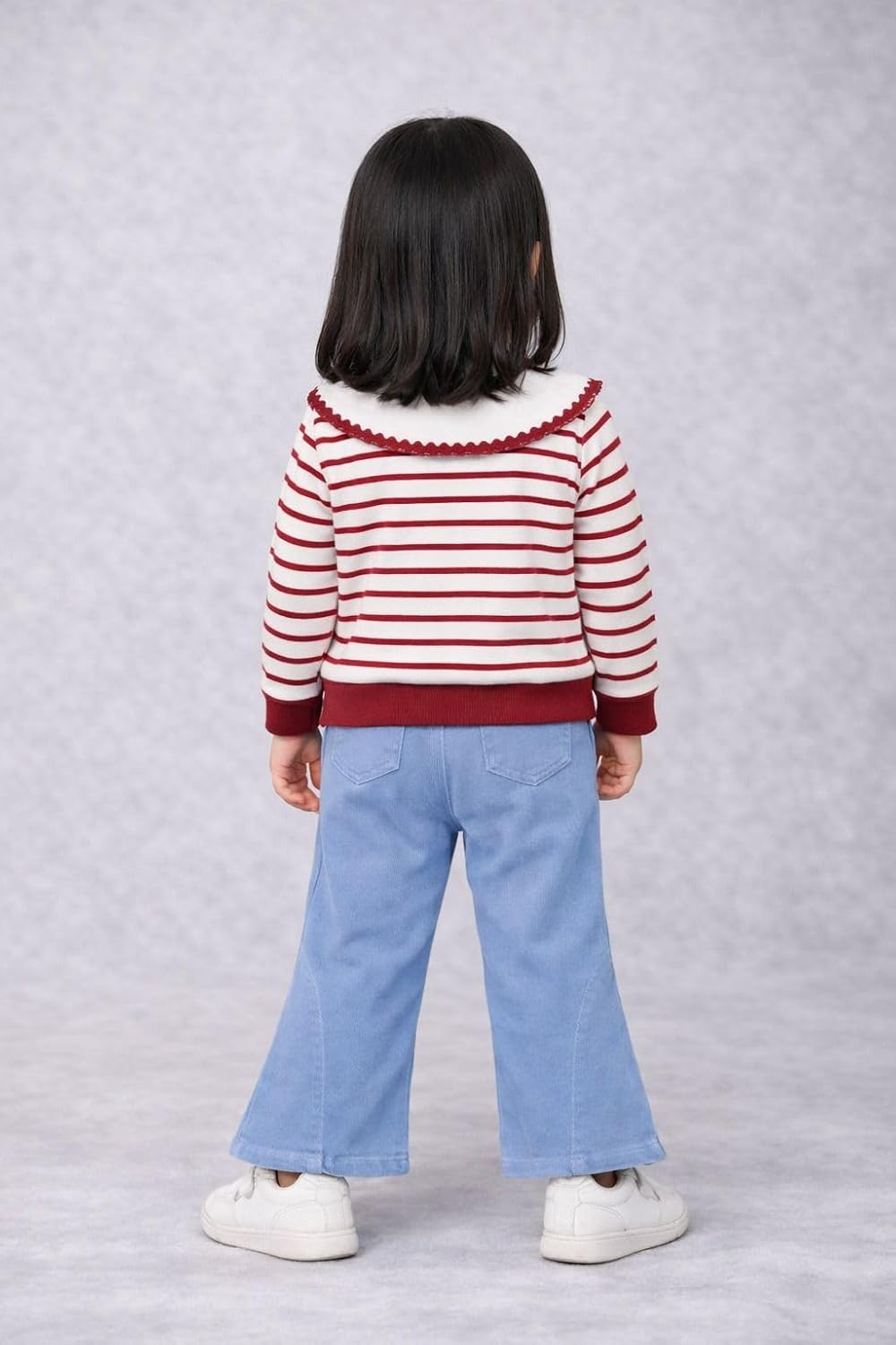 Girls Striped Bunny Collar Top & Bow Detail Denim Pants Set
