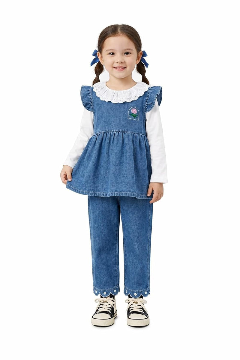 Girls Denim frock top with Lace Collar, Flutter Sleeves, Rose Embroidery, Paired with Jeans
