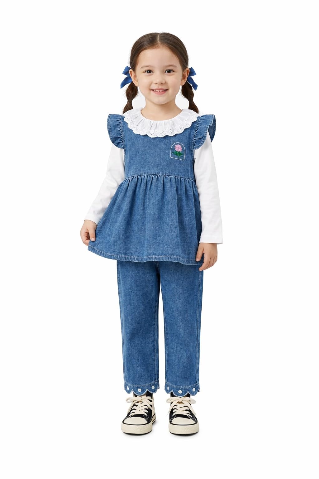 Girls Denim frock top with Lace Collar, Flutter Sleeves, Rose Embroidery, Paired with Jeans