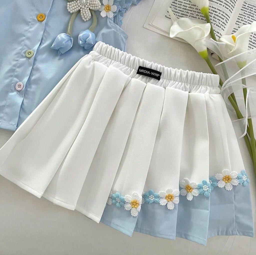 Girls Blue Floral Embroidered Top & White Pleated Skirt Set for Parties