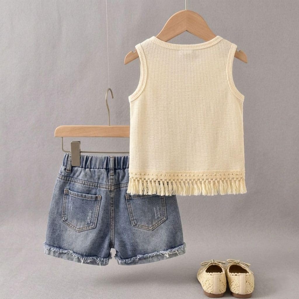 Girls Knitted Floral Top & Daisy Print Denim Shorts Set (Cream,Blue)