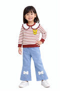 Girls Striped Bunny Collar Top & Bow Detail Denim Pants Set