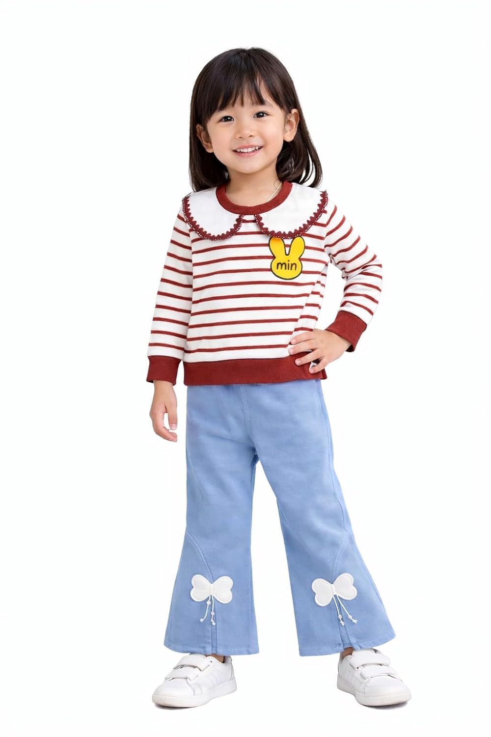 Girls Striped Bunny Collar Top & Bow Detail Denim Pants Set