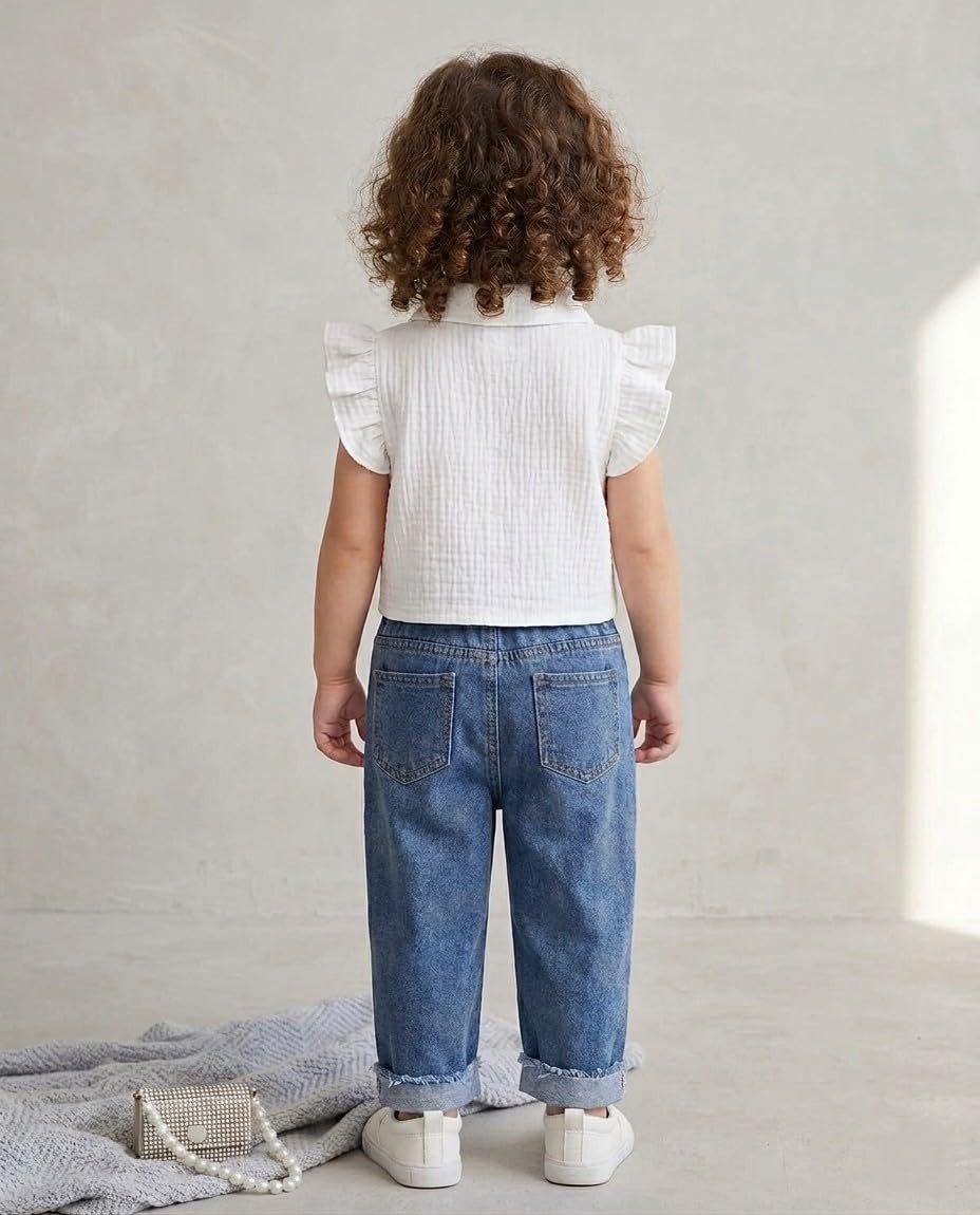 Girls Cotton Ruffle Top and Bow Print Denim Jeans Combo Set, White and Blue, Kids Outfit
