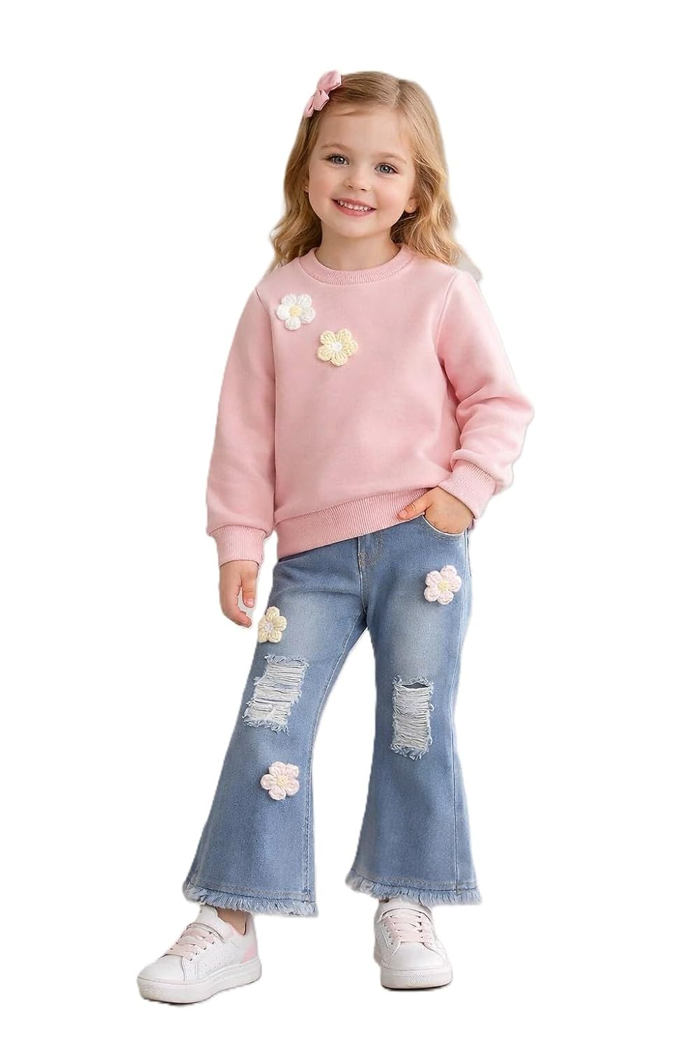 Girls Floral Applique Full Sleeve Top & Distressed Flare Jeans Set