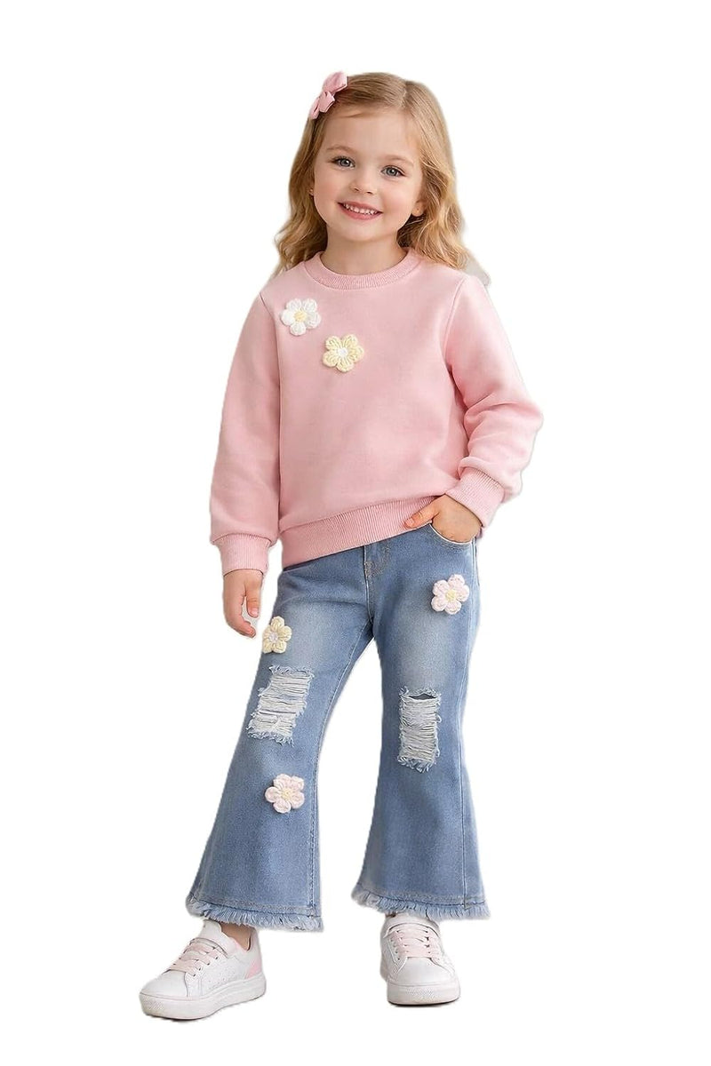 Girls Floral Applique Full Sleeve Top & Distressed Flare Jeans Set