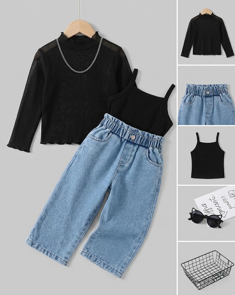 Girls Black Mesh Mock-Neck Top with High-Waist Relaxed-Fit Denim Trousers, Two-Piece Set
