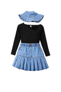 Girls Black Ribbed Top & Pleated Denim Skirt with Hat