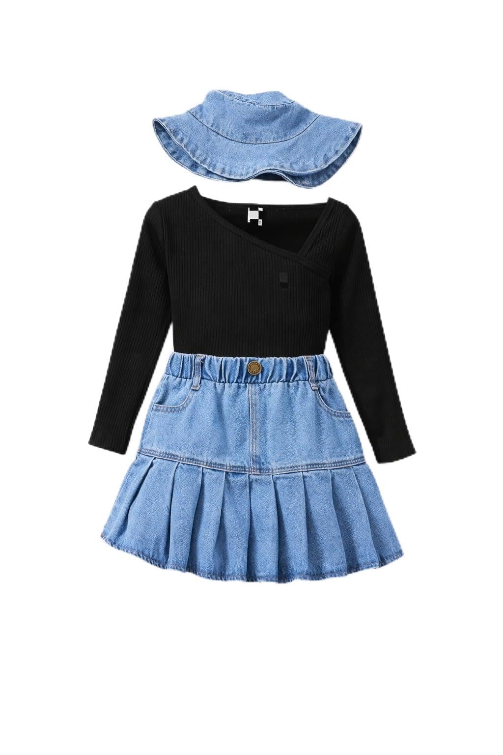 Girls Black Ribbed Top & Pleated Denim Skirt with Hat