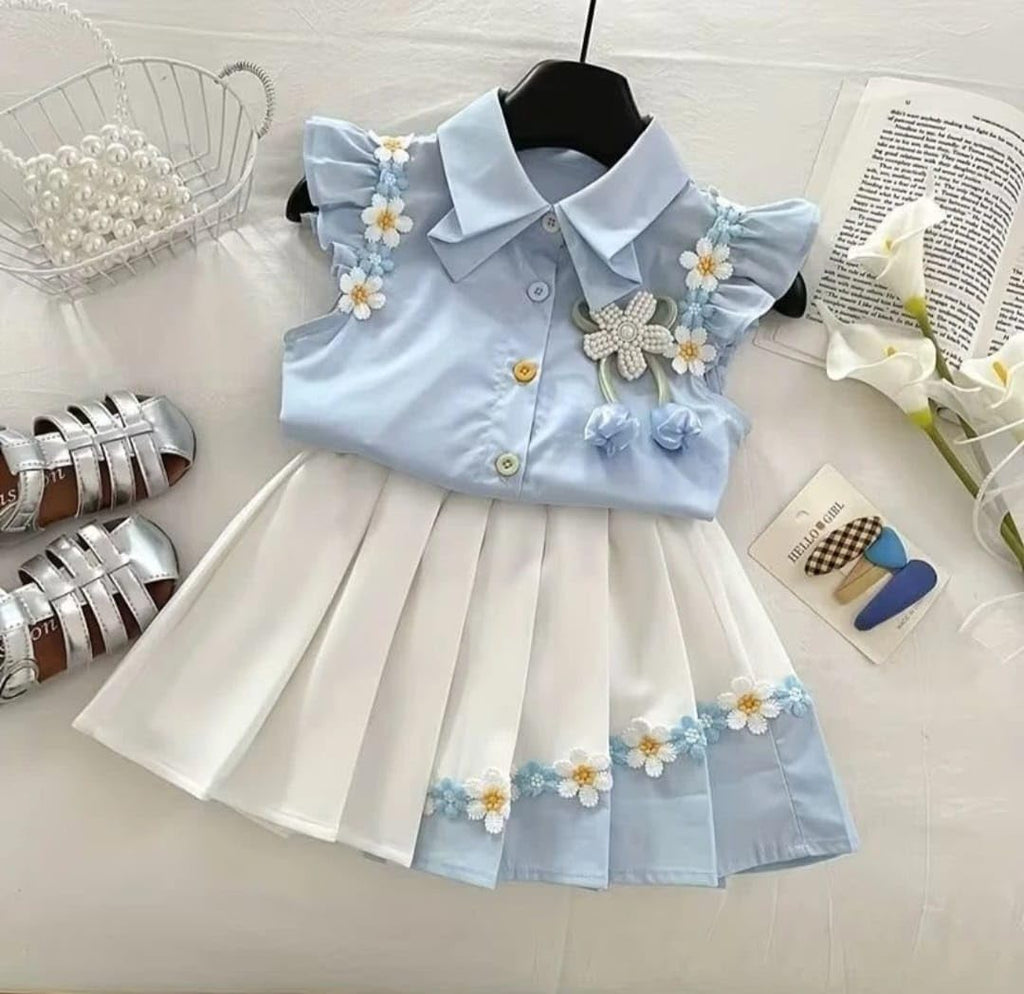 Girls Blue Floral Embroidered Top & White Pleated Skirt Set for Parties