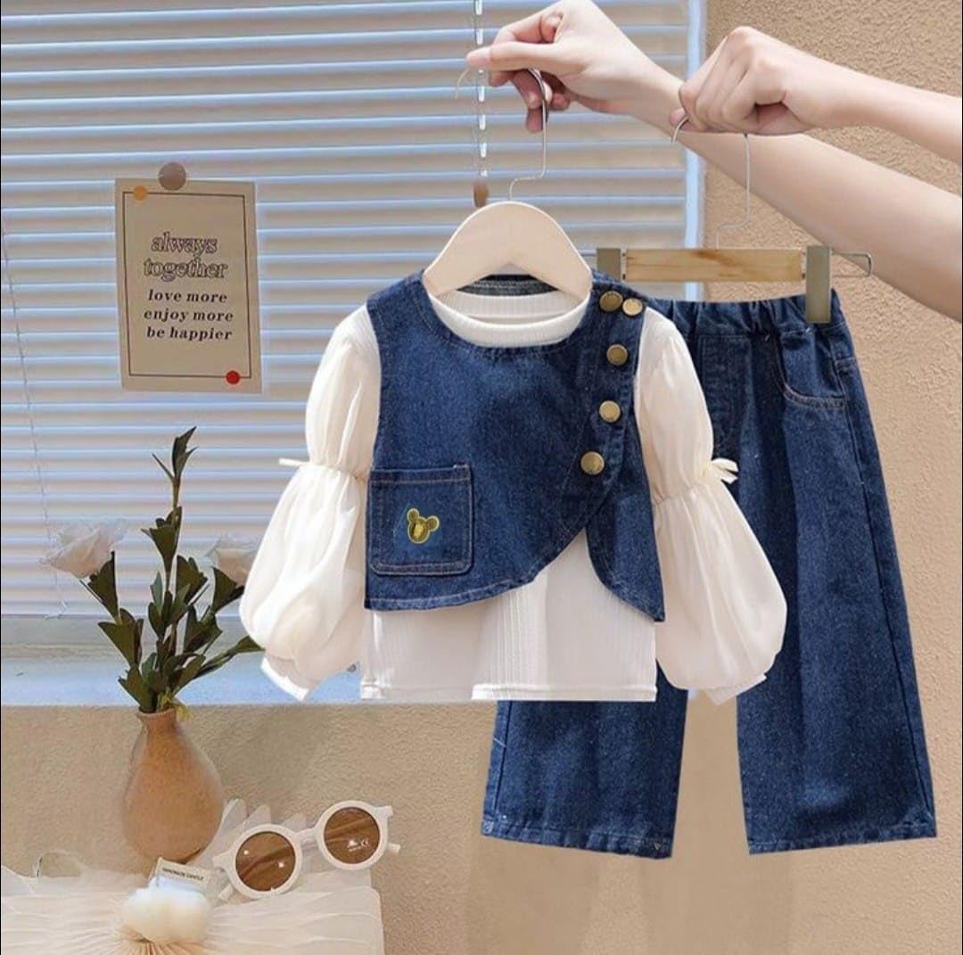 Girls Denim Jacket Set: White Top, Wide-Leg Jeans, Asymmetric Button Jacket | Bear Embroidery, Wide Leg Pants, Button Detail, Kids Wear, Denim Jacket