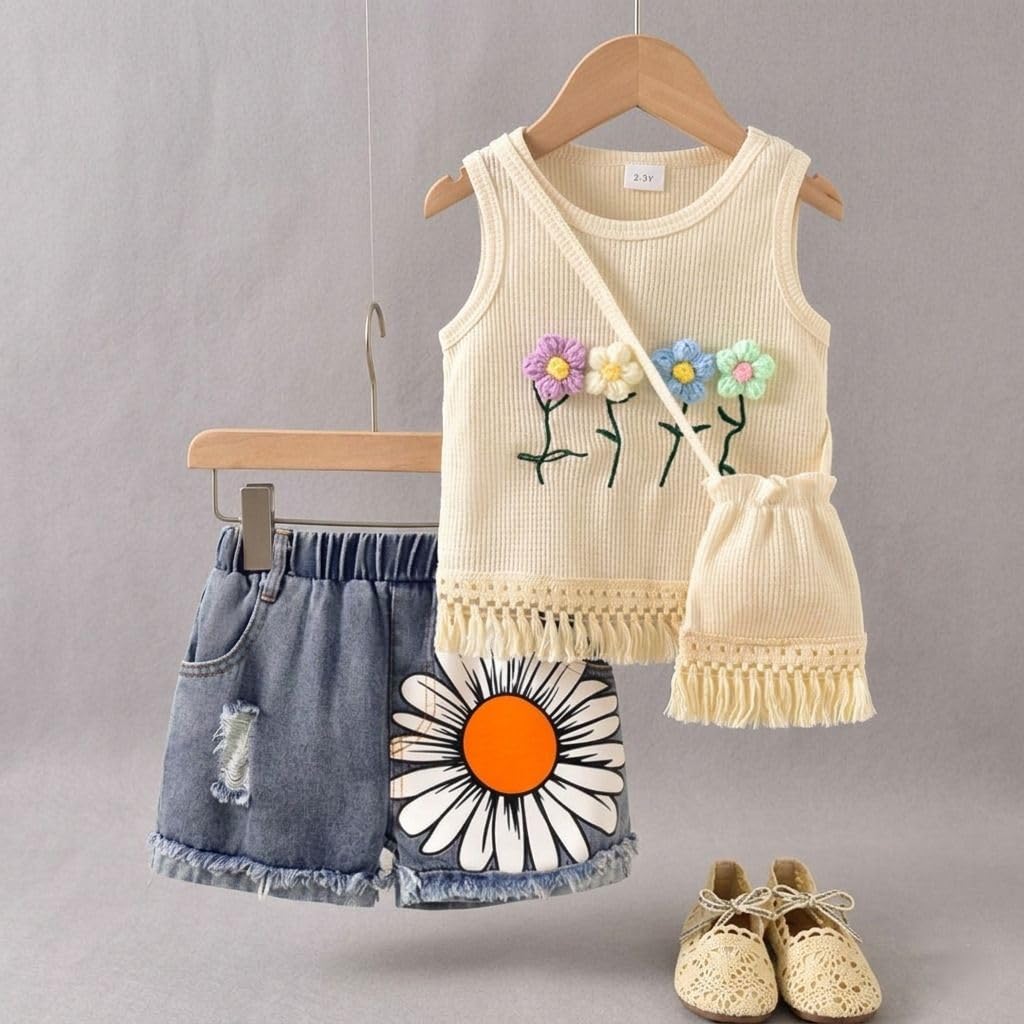 Girls Knitted Floral Top & Daisy Print Denim Shorts Set (Cream,Blue)