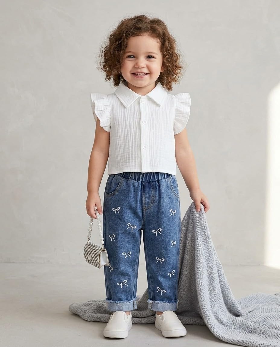 Girls Cotton Ruffle Top and Bow Print Denim Jeans Combo Set, White and Blue, Kids Outfit